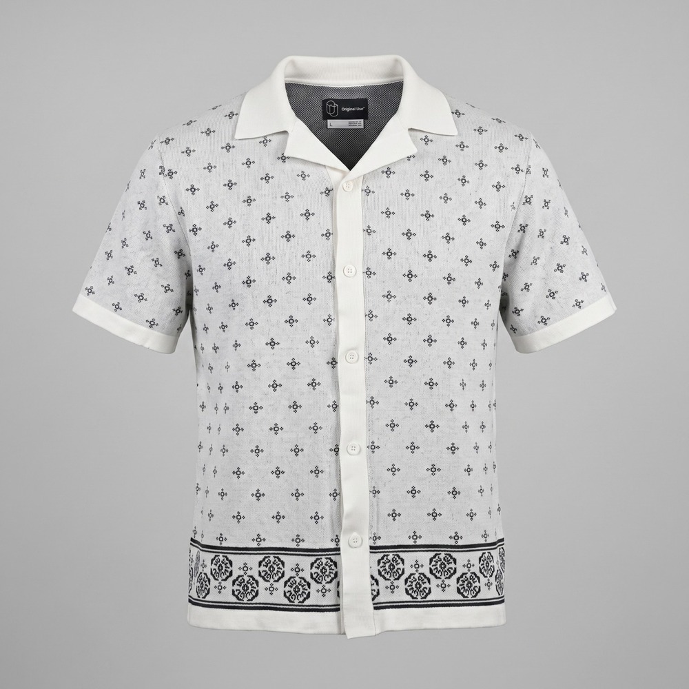 Original Use Mens Large White Button Down Shirt Geometric Collar Short Sleeve